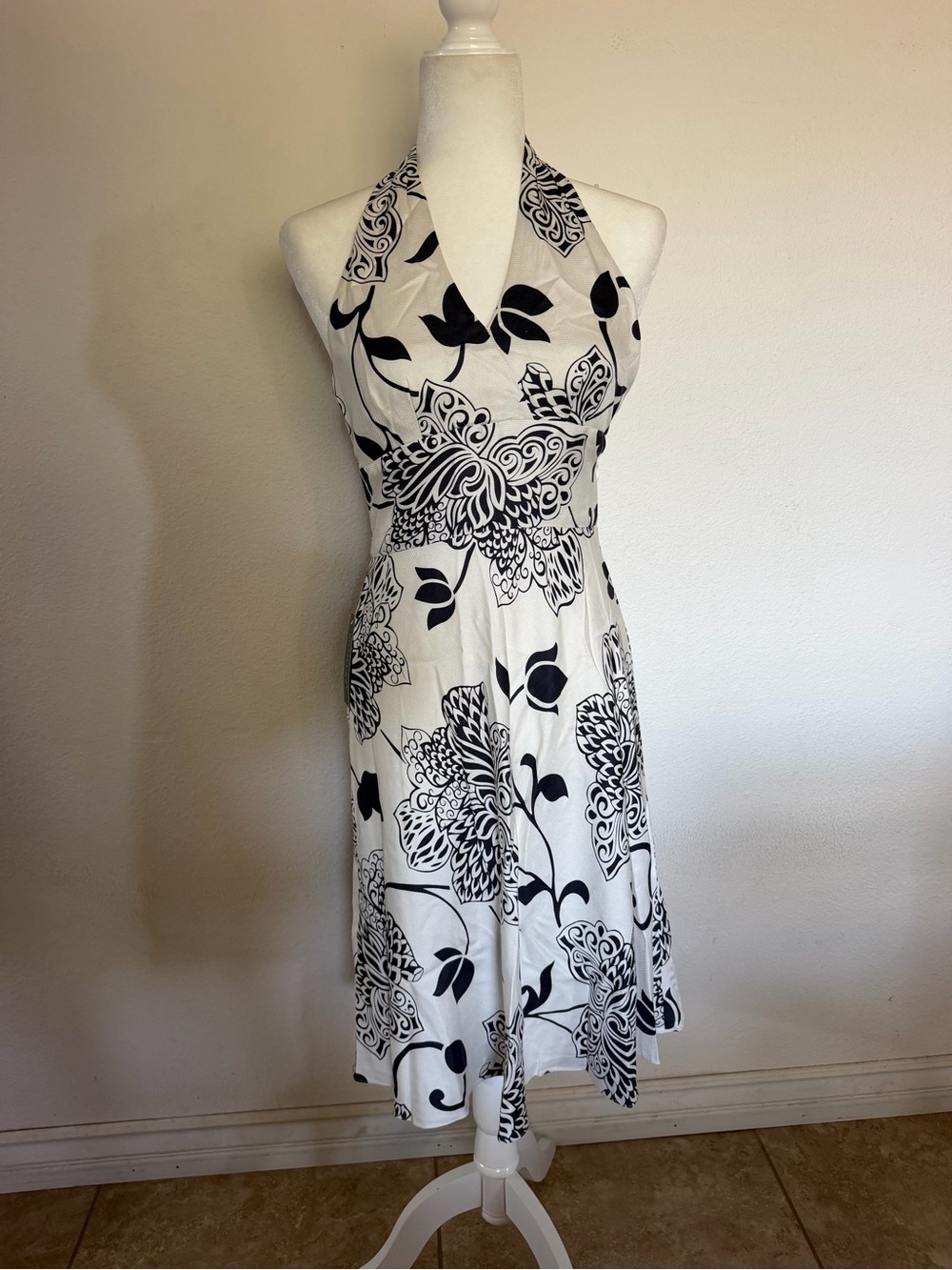 Halter Floral Fit-and-Flare Dress in White and navy blue